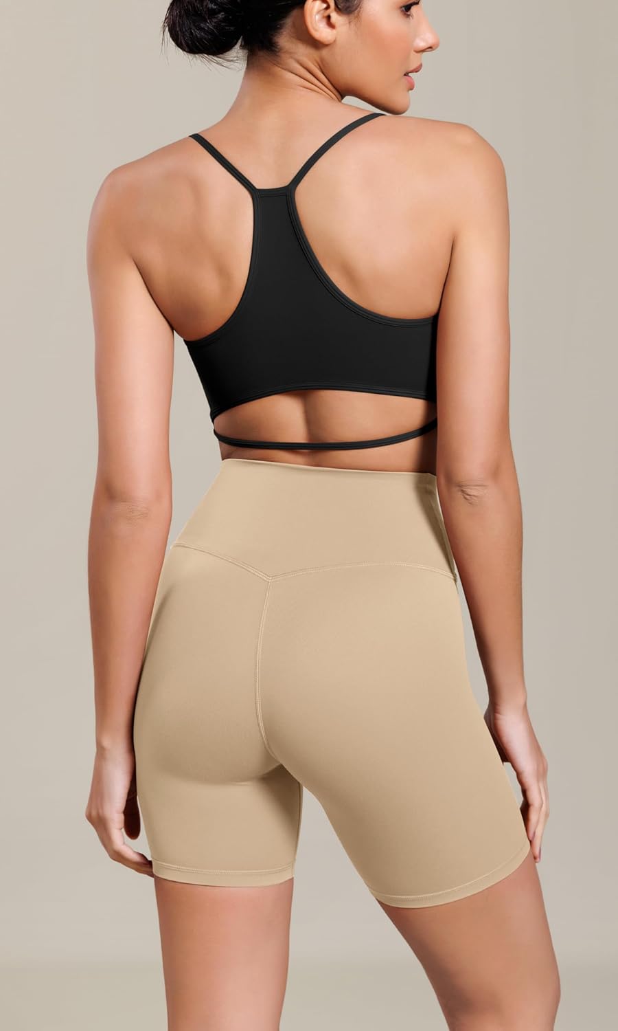 ODODOS Cloud Feeling Cross Waist Yoga Shorts for Women 6quot Crossover High Waist Lounge Biker ShortsBeige