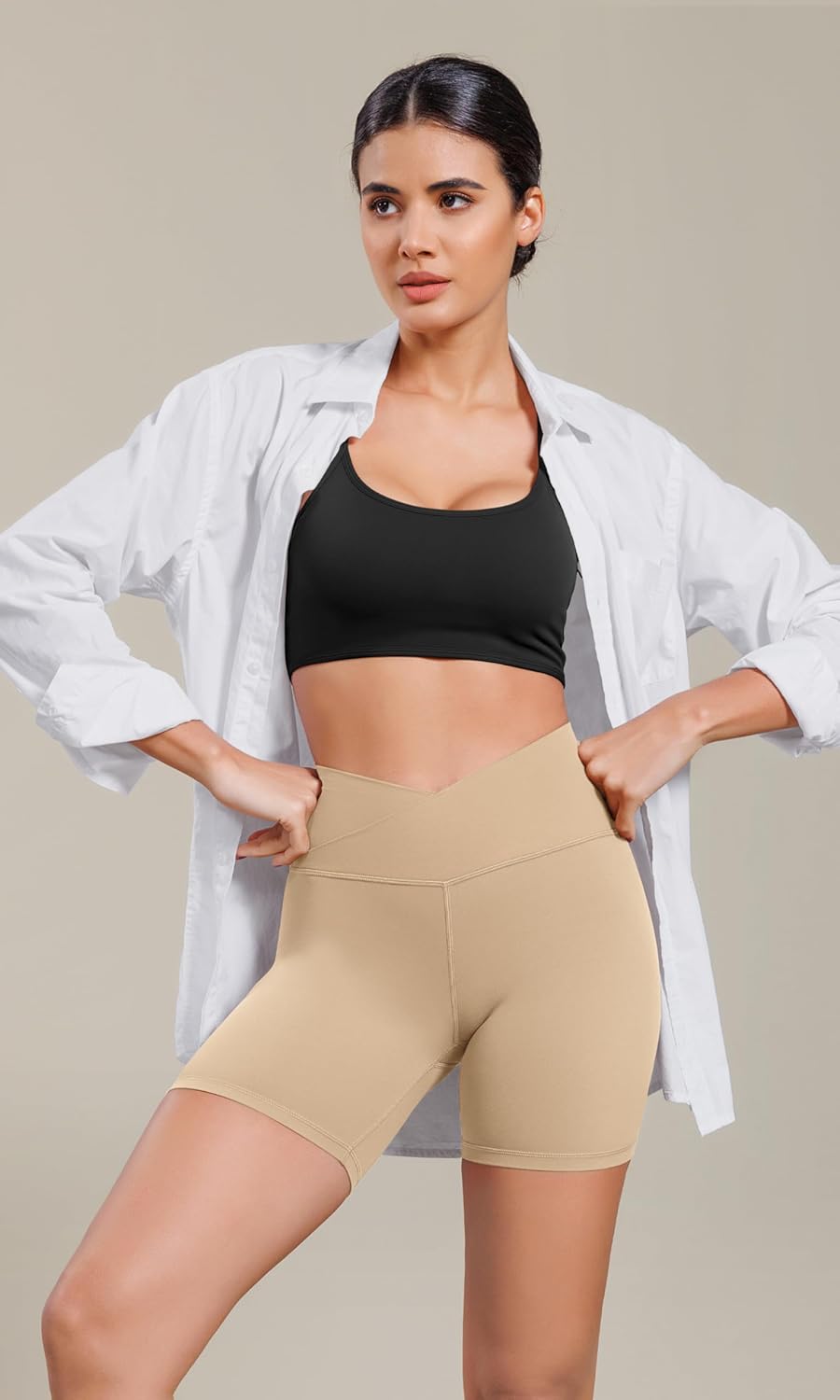 ODODOS Cloud Feeling Cross Waist Yoga Shorts for Women 6quot Crossover High Waist Lounge Biker ShortsBeige