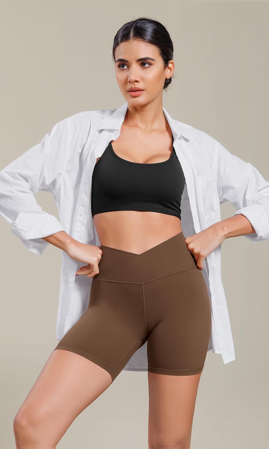 ODODOS Cloud Feeling Cross Waist Yoga Shorts for Women 6quot Crossover High Waist Lounge Biker ShortsBrunette