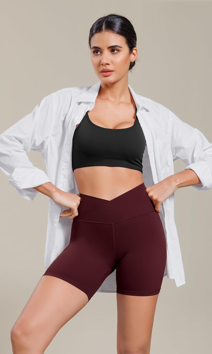 ODODOS Cloud Feeling Cross Waist Yoga Shorts for Women 6quot Crossover High Waist Lounge Biker ShortsBurgundy