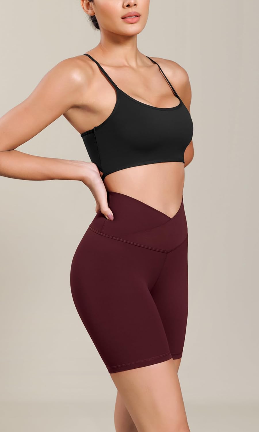 ODODOS Cloud Feeling Cross Waist Yoga Shorts for Women 6quot Crossover High Waist Lounge Biker ShortsBurgundy