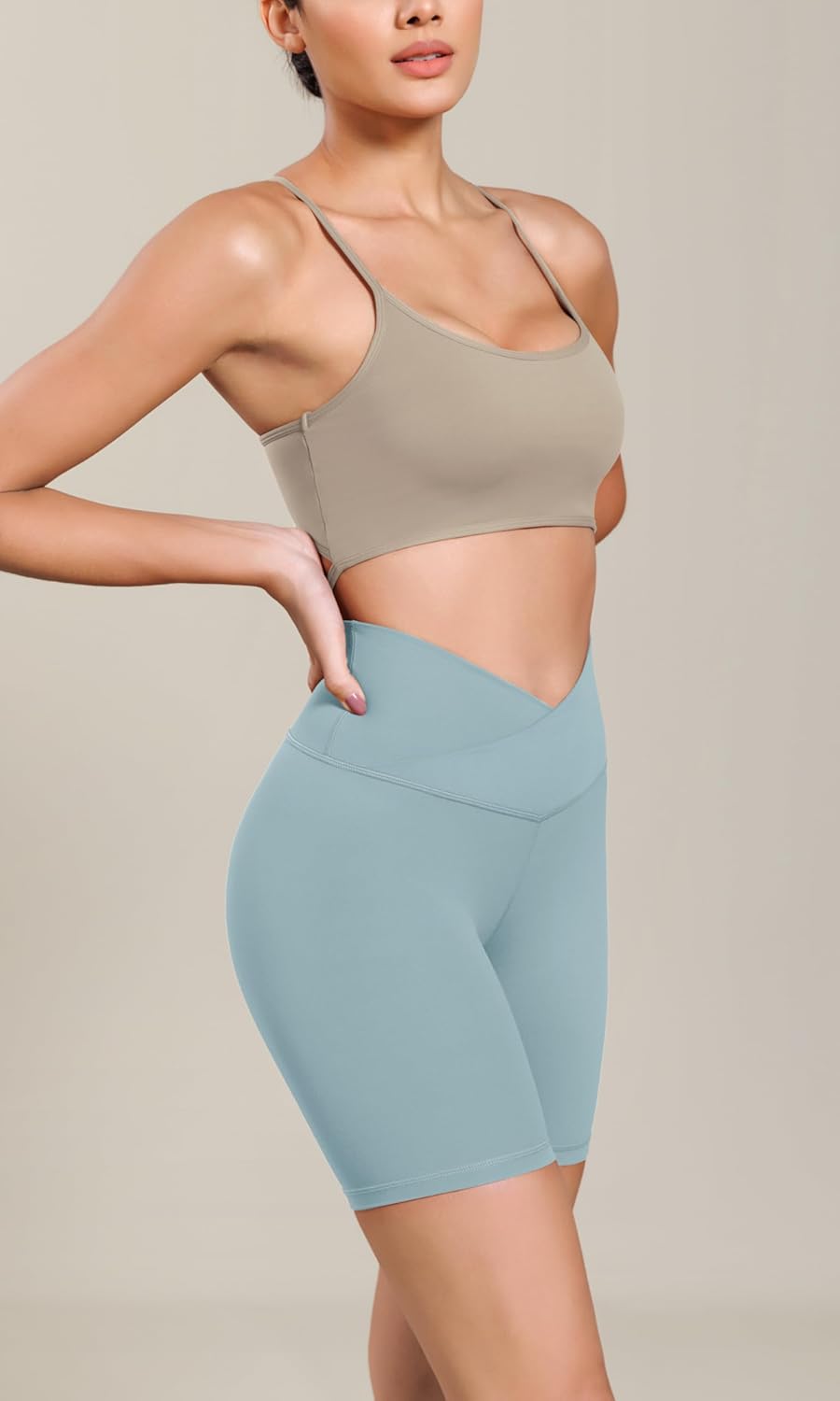 ODODOS Cloud Feeling Cross Waist Yoga Shorts for Women 6quot Crossover High Waist Lounge Biker ShortsChambray