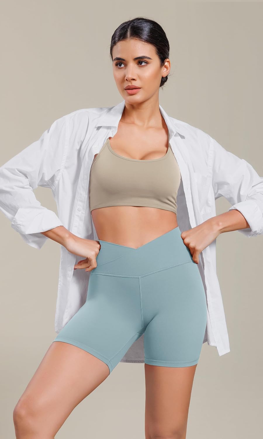 ODODOS Cloud Feeling Cross Waist Yoga Shorts for Women 6quot Crossover High Waist Lounge Biker ShortsChambray