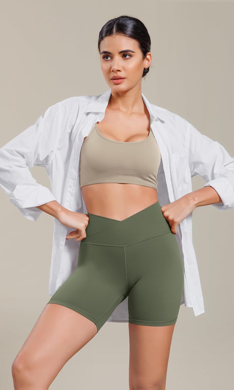 ODODOS Cloud Feeling Cross Waist Yoga Shorts for Women 6quot Crossover High Waist Lounge Biker ShortsDark Olive