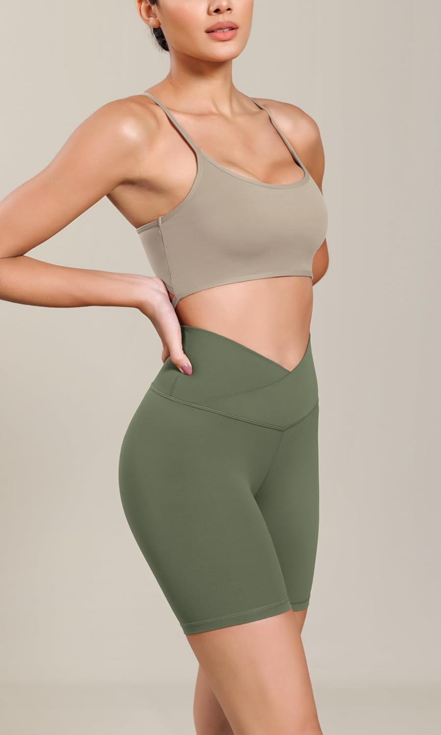 ODODOS Cloud Feeling Cross Waist Yoga Shorts for Women 6quot Crossover High Waist Lounge Biker ShortsDark Olive