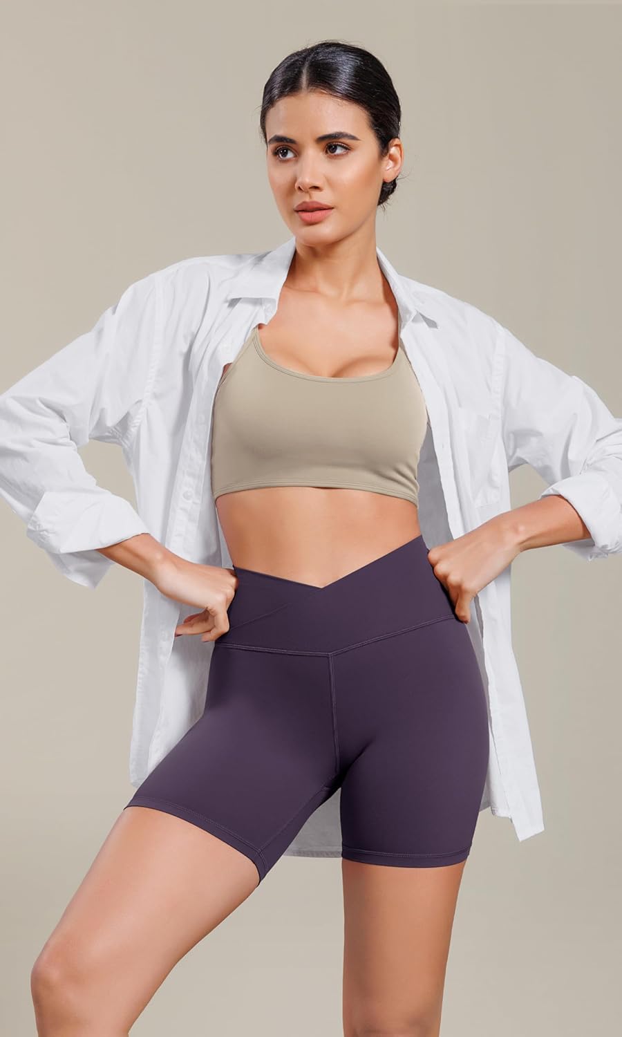 ODODOS Cloud Feeling Cross Waist Yoga Shorts for Women 6quot Crossover High Waist Lounge Biker ShortsDark Purple