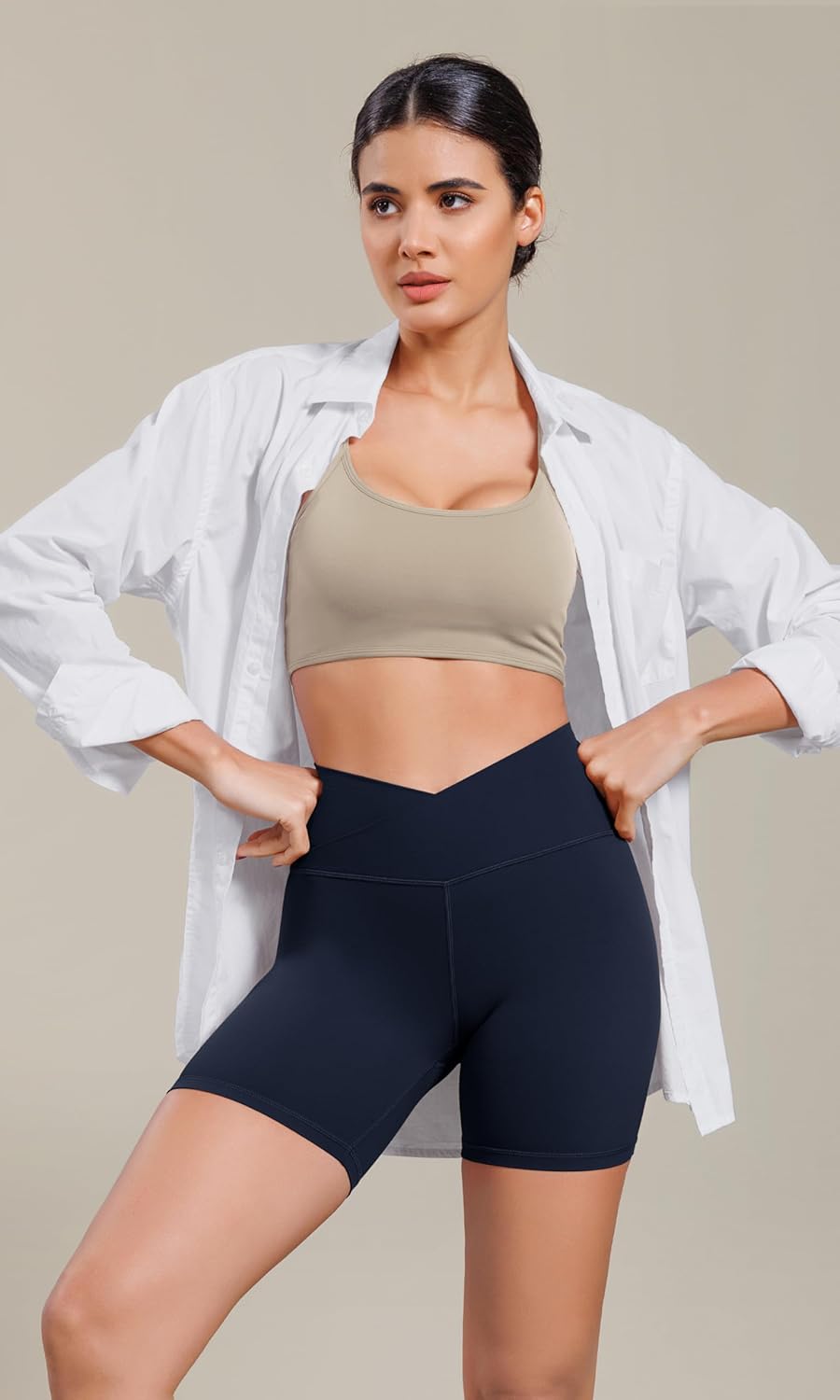 ODODOS Cloud Feeling Cross Waist Yoga Shorts for Women 6quot Crossover High Waist Lounge Biker ShortsDeep Navy