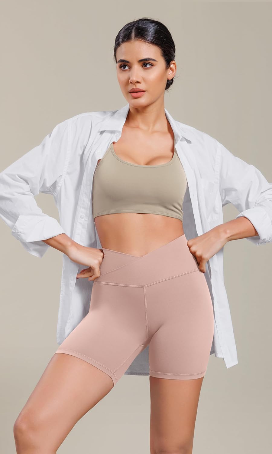 ODODOS Cloud Feeling Cross Waist Yoga Shorts for Women 6quot Crossover High Waist Lounge Biker ShortsDusty Pink