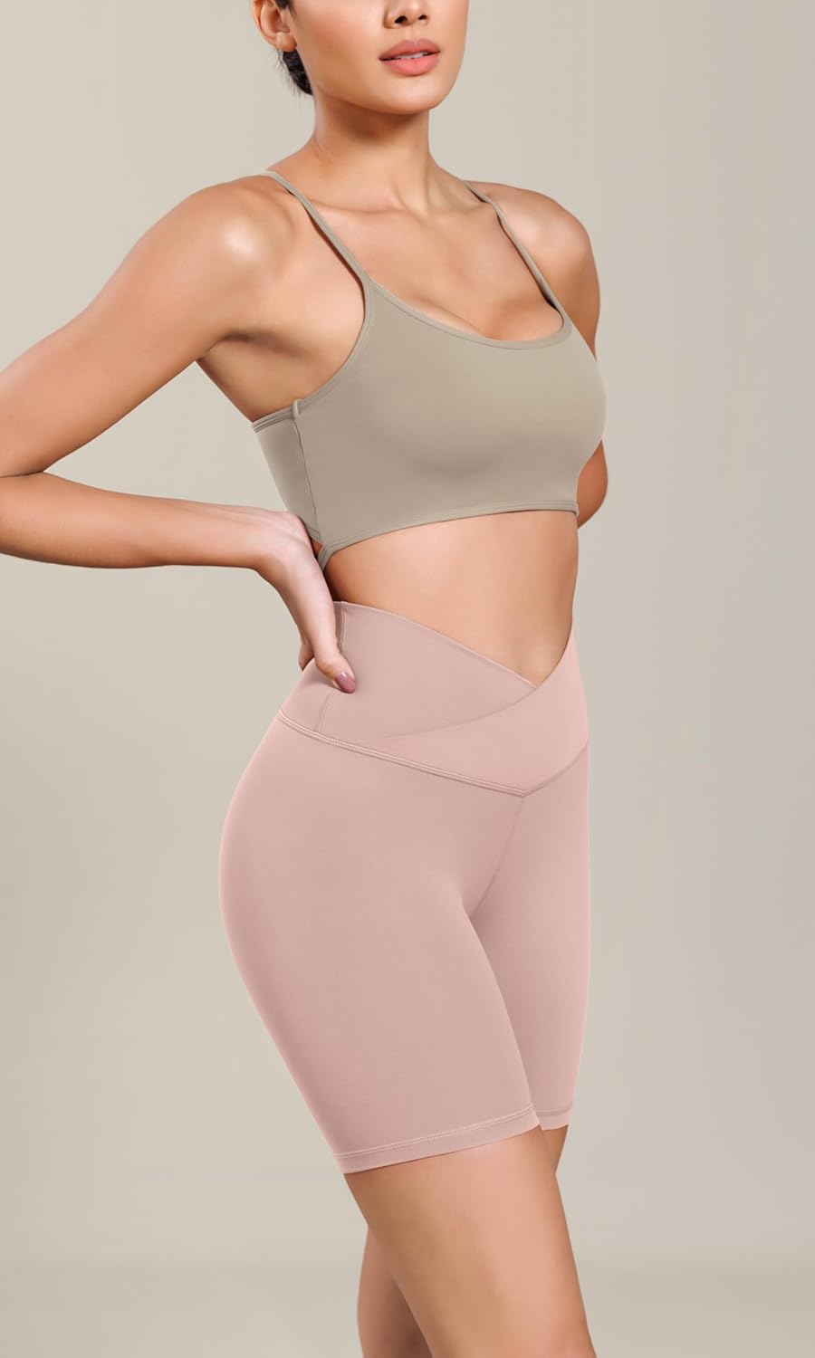 ODODOS Cloud Feeling Cross Waist Yoga Shorts for Women 6quot Crossover High Waist Lounge Biker ShortsDusty Pink