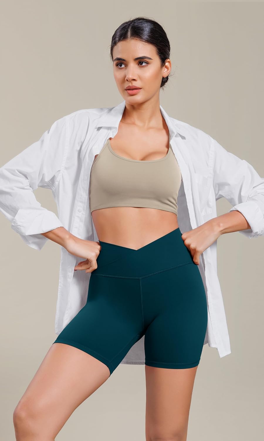 ODODOS Cloud Feeling Cross Waist Yoga Shorts for Women 6quot Crossover High Waist Lounge Biker ShortsForest Teal