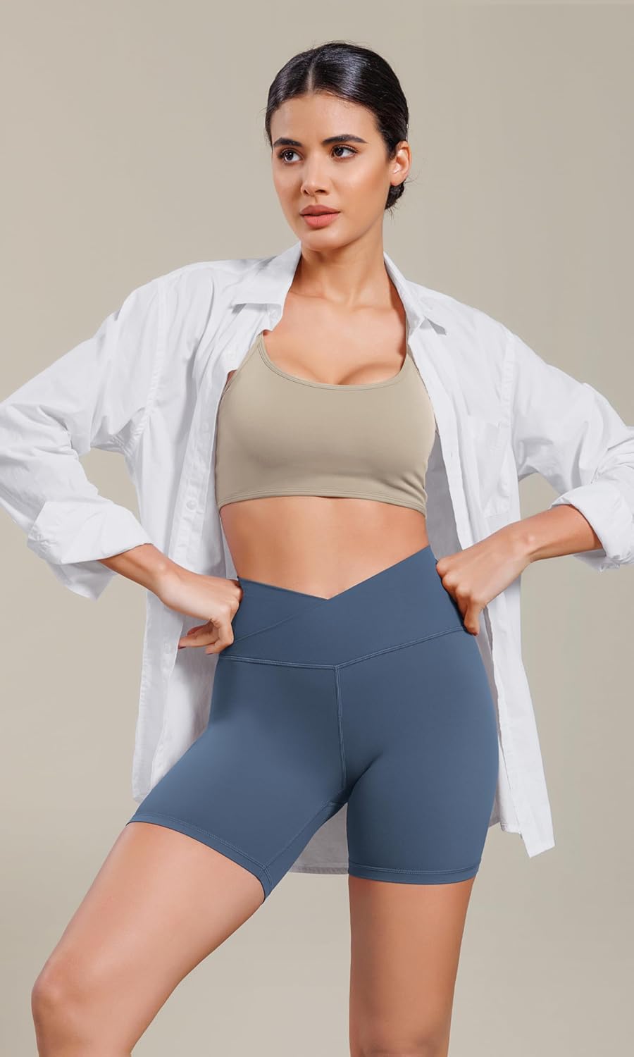 ODODOS Cloud Feeling Cross Waist Yoga Shorts for Women 6quot Crossover High Waist Lounge Biker ShortsInk Blue