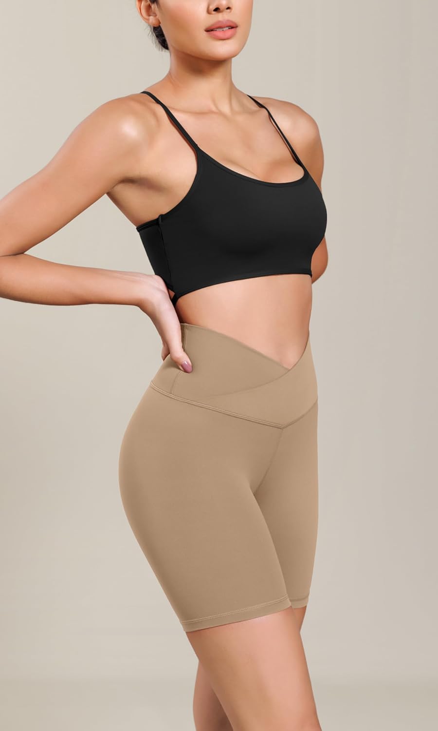 ODODOS Cloud Feeling Cross Waist Yoga Shorts for Women 6quot Crossover High Waist Lounge Biker ShortsLight Brown