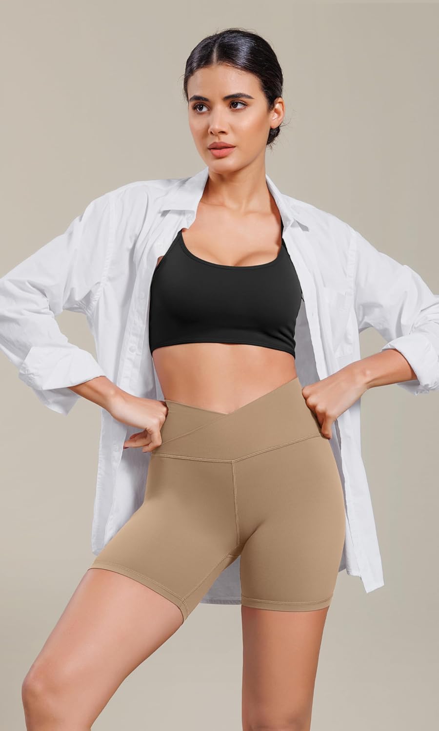 ODODOS Cloud Feeling Cross Waist Yoga Shorts for Women 6quot Crossover High Waist Lounge Biker ShortsLight Brown
