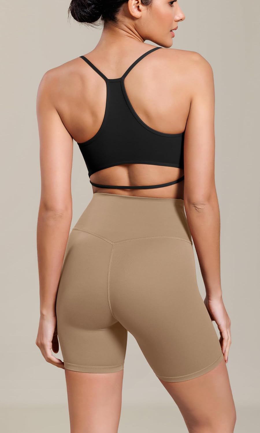 ODODOS Cloud Feeling Cross Waist Yoga Shorts for Women 6quot Crossover High Waist Lounge Biker ShortsLight Brown