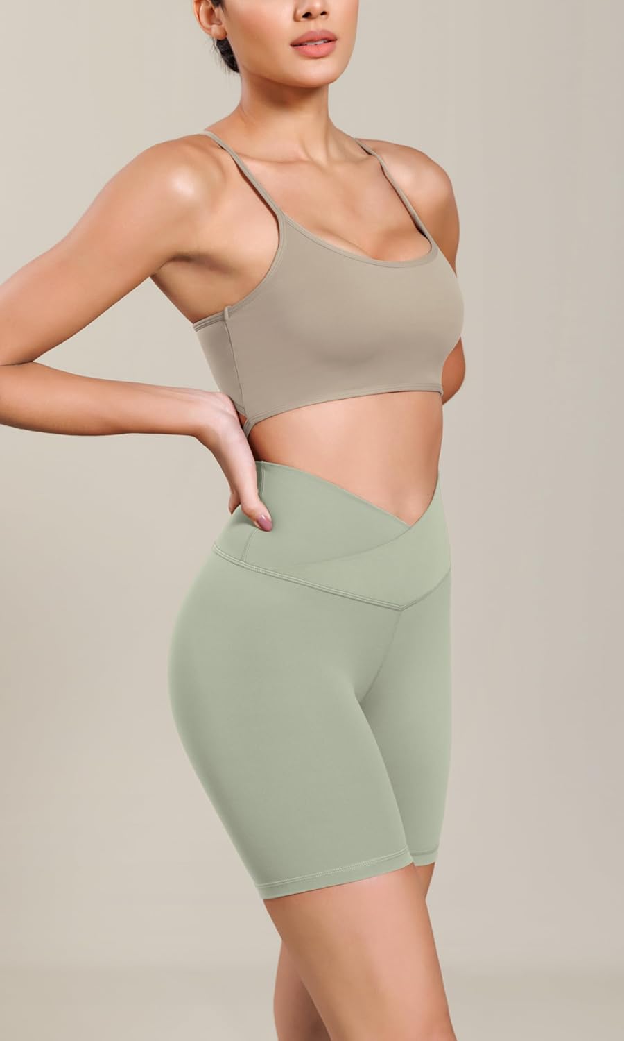 ODODOS Cloud Feeling Cross Waist Yoga Shorts for Women 6quot Crossover High Waist Lounge Biker ShortsLime Stone