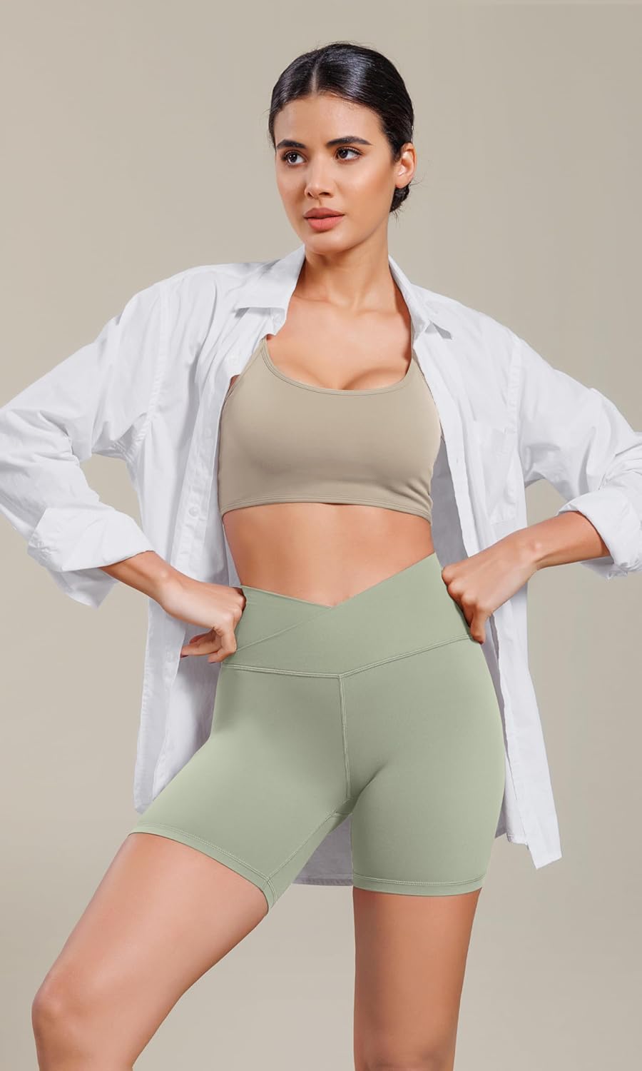 ODODOS Cloud Feeling Cross Waist Yoga Shorts for Women 6quot Crossover High Waist Lounge Biker ShortsLime Stone