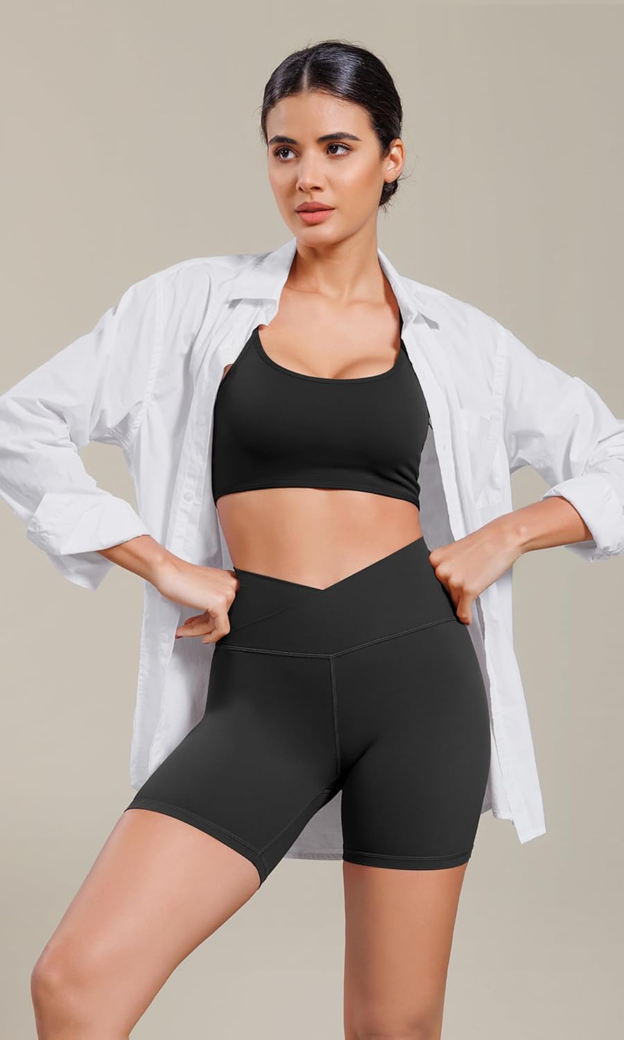 ODODOS Cloud Feeling Cross Waist Yoga Shorts for Women 6quot Crossover High Waist Lounge Biker ShortsOnyx Black Grey