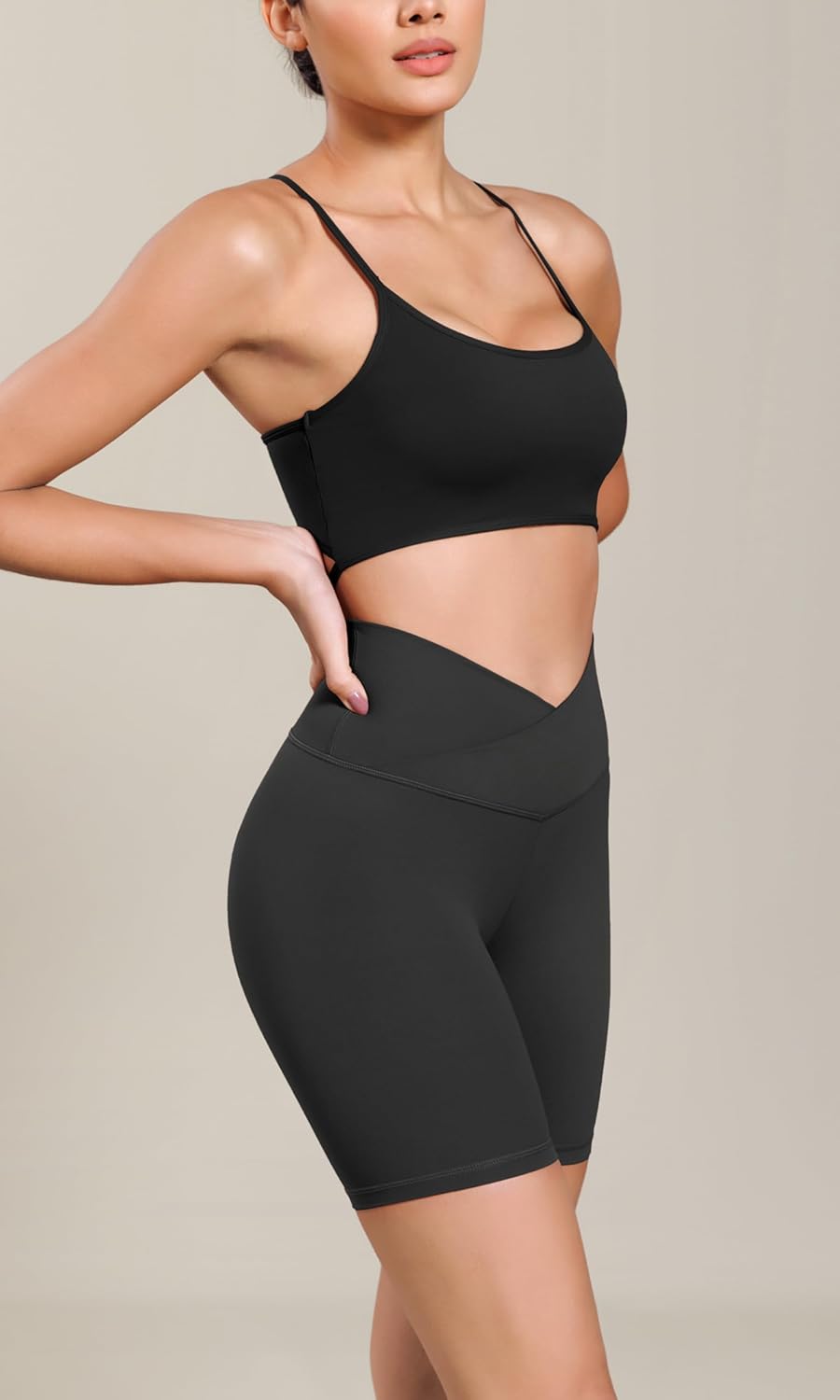 ODODOS Cloud Feeling Cross Waist Yoga Shorts for Women 6quot Crossover High Waist Lounge Biker ShortsOnyx Black Grey
