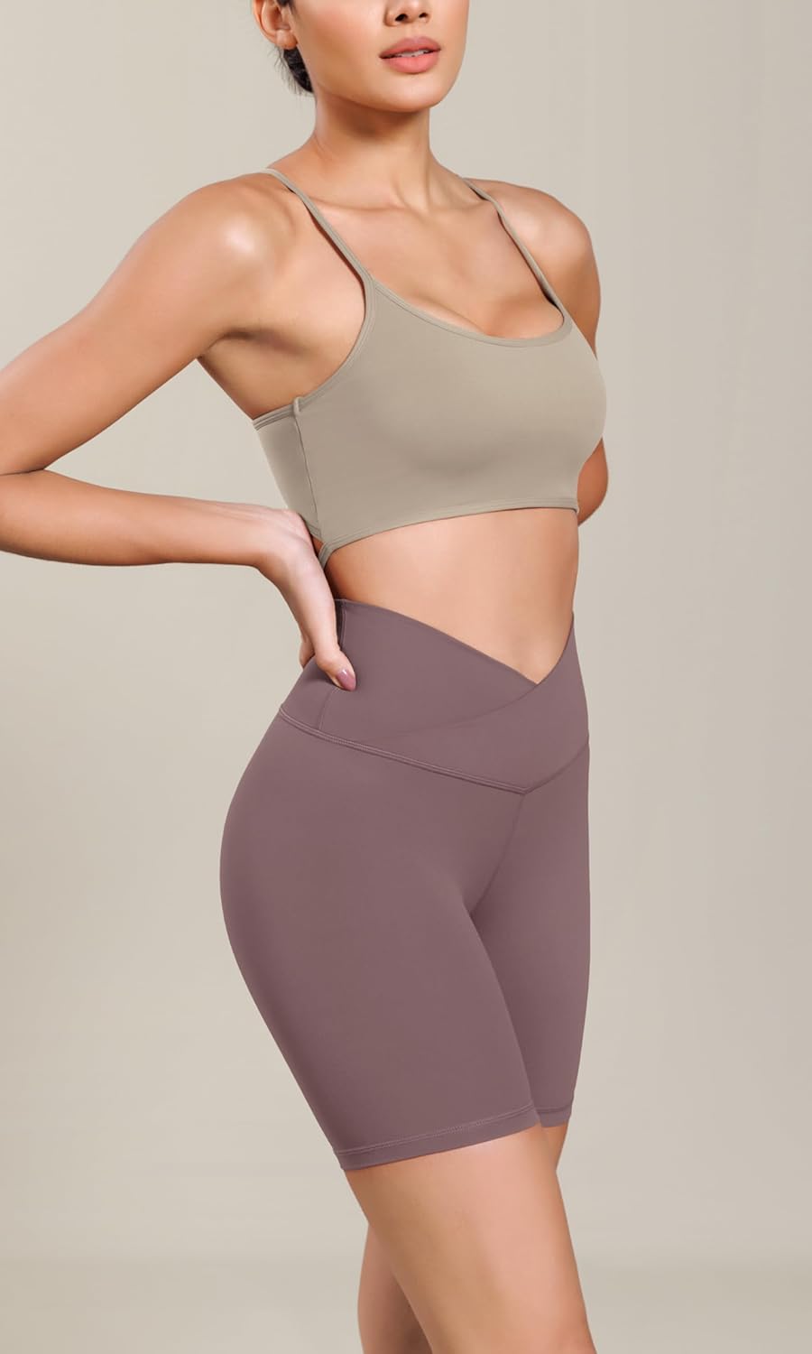 ODODOS Cloud Feeling Cross Waist Yoga Shorts for Women 6quot Crossover High Waist Lounge Biker ShortsPurple Taupe