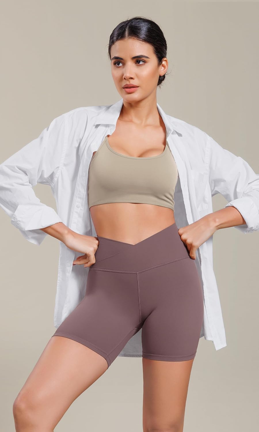 ODODOS Cloud Feeling Cross Waist Yoga Shorts for Women 6quot Crossover High Waist Lounge Biker ShortsPurple Taupe