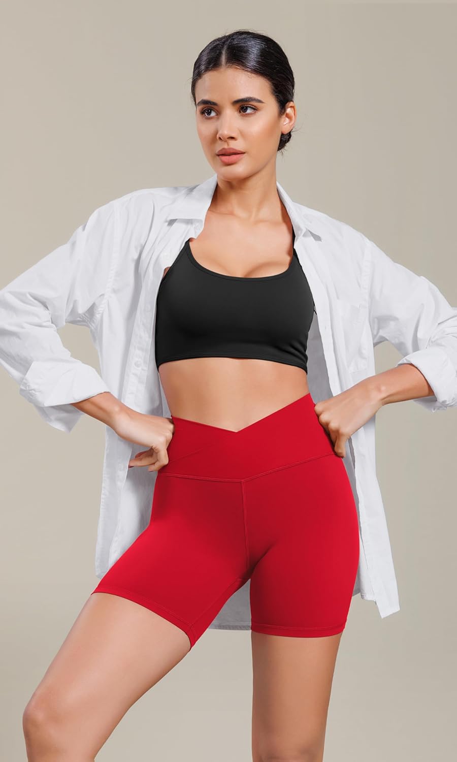ODODOS Cloud Feeling Cross Waist Yoga Shorts for Women 6quot Crossover High Waist Lounge Biker ShortsRed