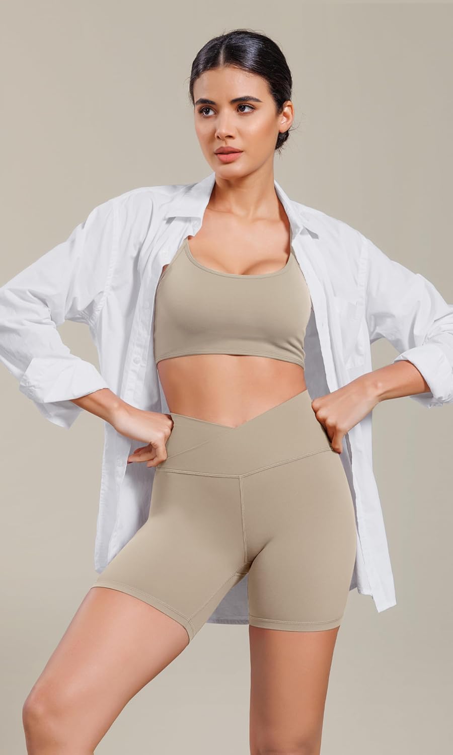 ODODOS Cloud Feeling Cross Waist Yoga Shorts for Women 6quot Crossover High Waist Lounge Biker ShortsShaker Beige