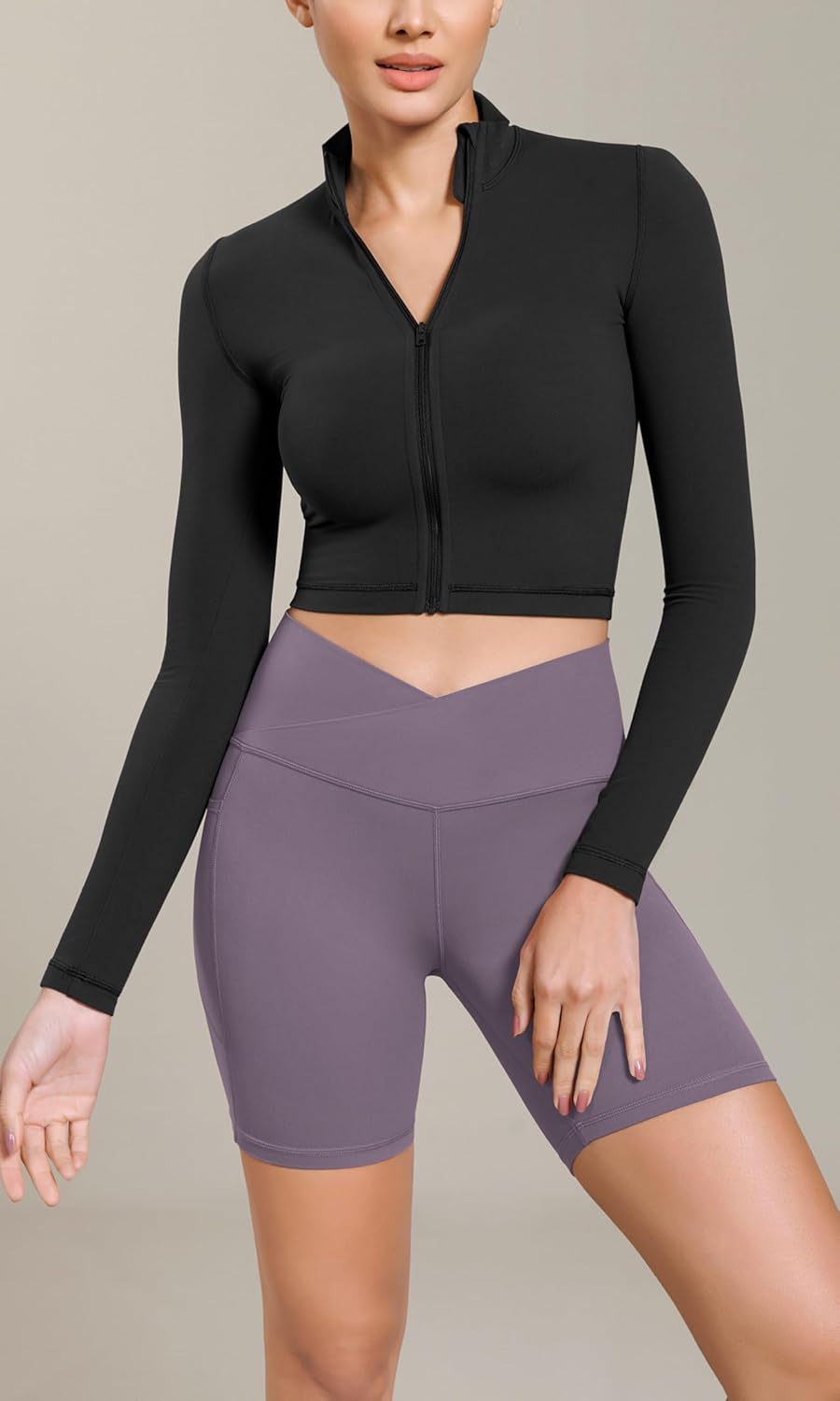 ODODOS Cloud Feeling Cross Waist Yoga Shorts with Pockets for Women 6quot Crossover High Waist Lounge Biker ShortsAsh Violet