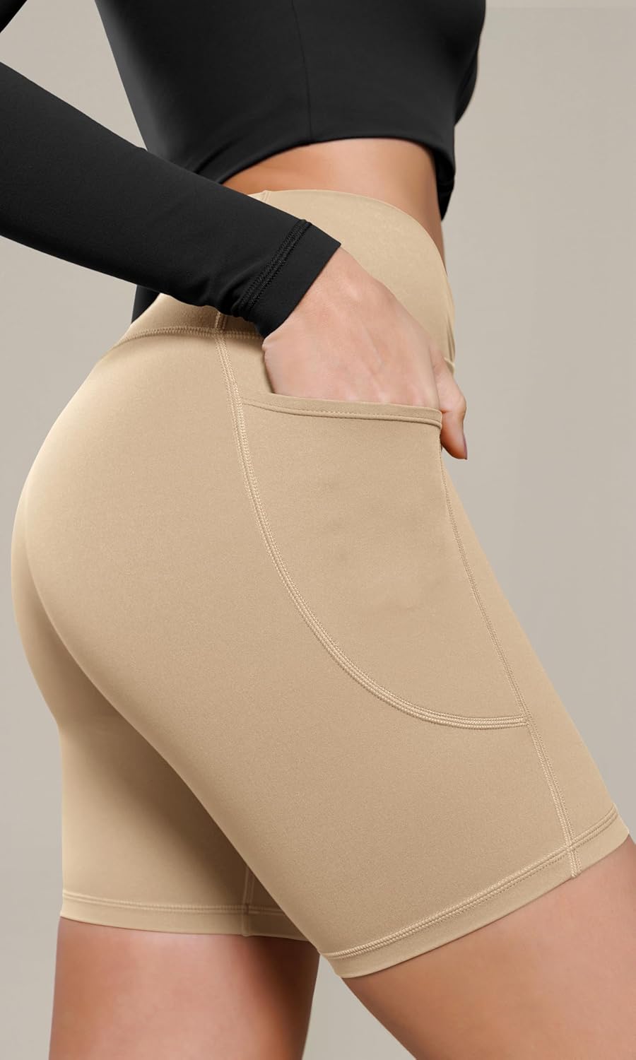 ODODOS Cloud Feeling Cross Waist Yoga Shorts with Pockets for Women 6quot Crossover High Waist Lounge Biker ShortsBeige
