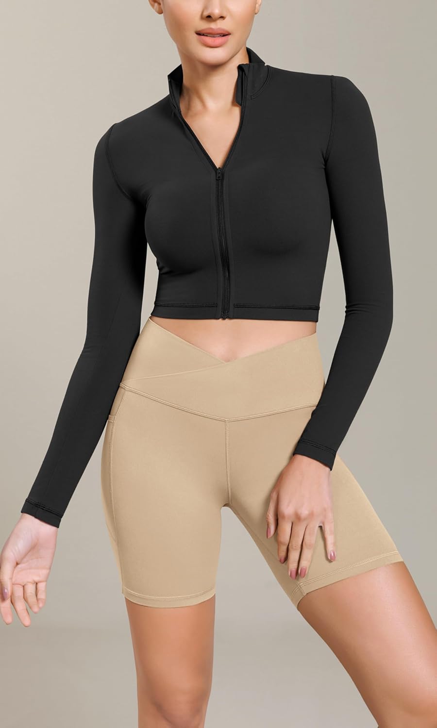 ODODOS Cloud Feeling Cross Waist Yoga Shorts with Pockets for Women 6quot Crossover High Waist Lounge Biker ShortsBeige