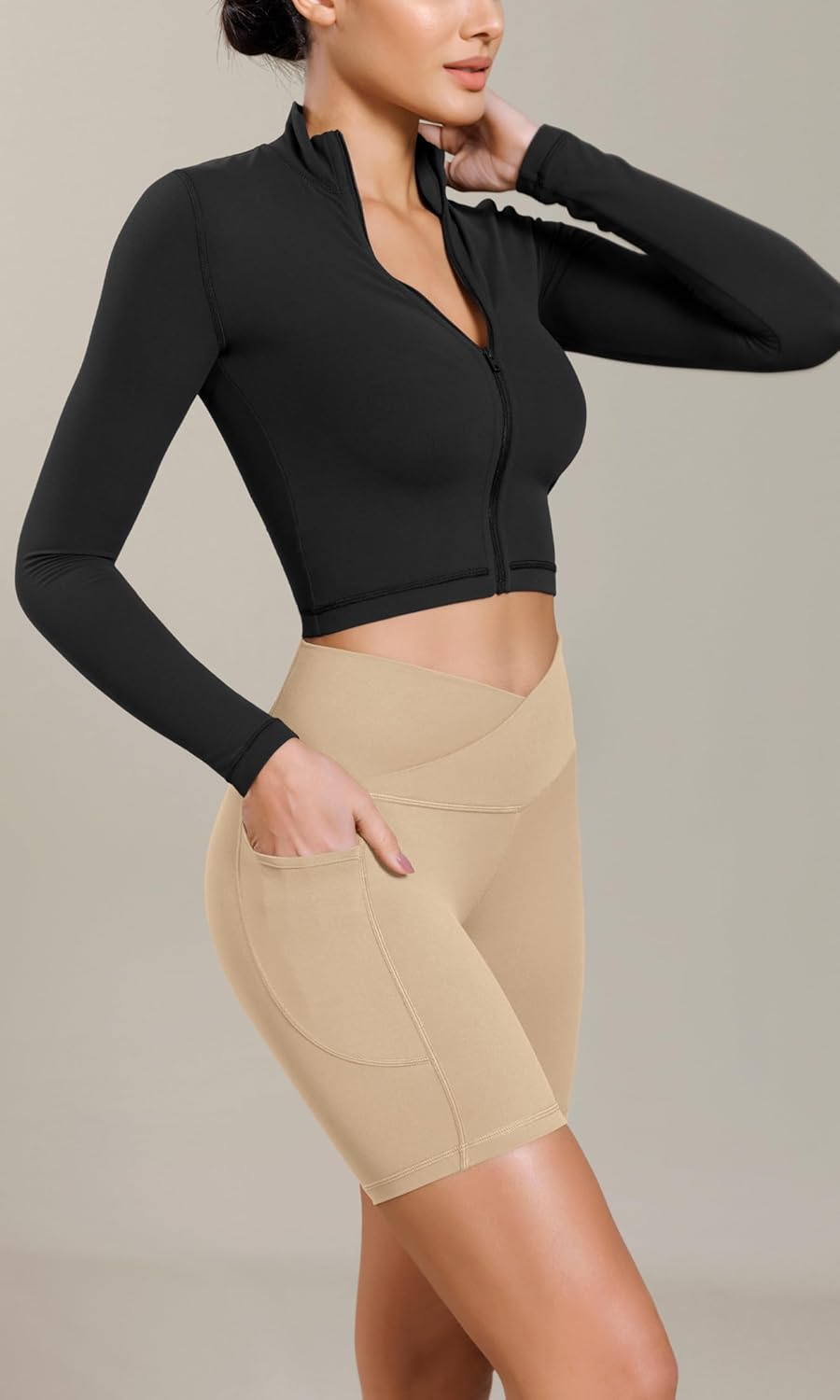 ODODOS Cloud Feeling Cross Waist Yoga Shorts with Pockets for Women 6quot Crossover High Waist Lounge Biker ShortsBeige