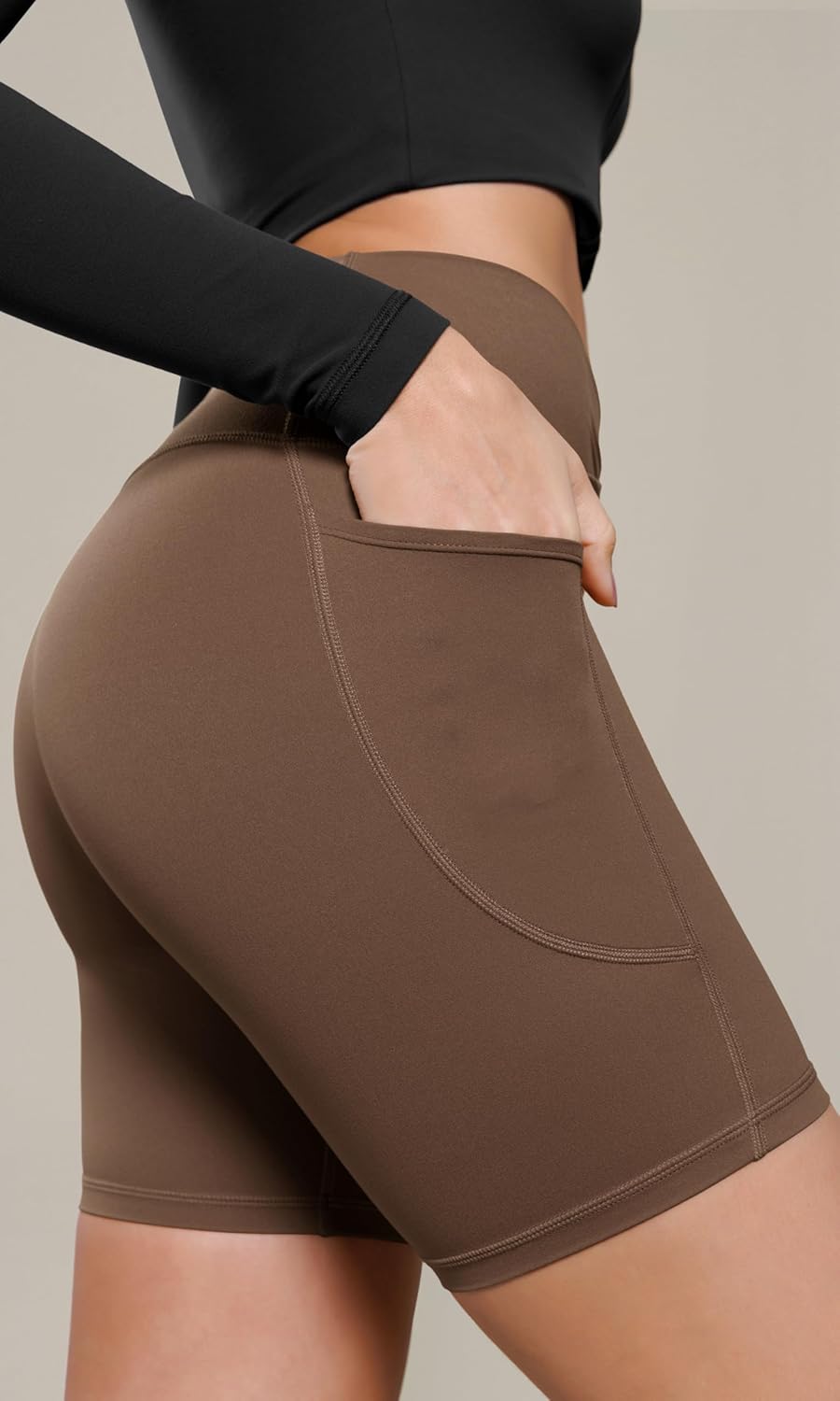 ODODOS Cloud Feeling Cross Waist Yoga Shorts with Pockets for Women 6quot Crossover High Waist Lounge Biker ShortsBrunette