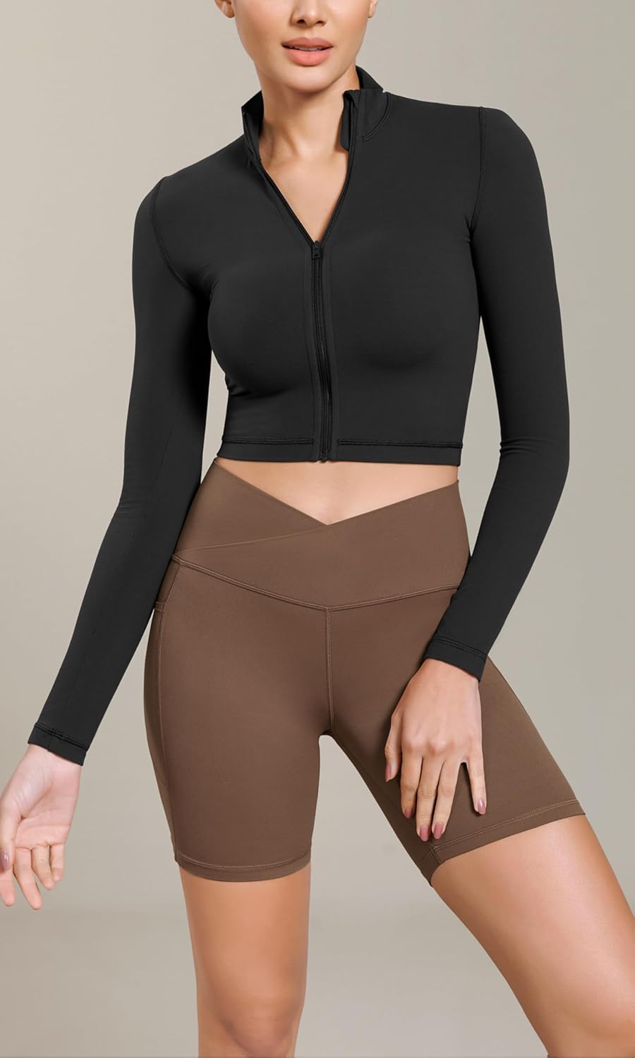 ODODOS Cloud Feeling Cross Waist Yoga Shorts with Pockets for Women 6quot Crossover High Waist Lounge Biker ShortsBrunette