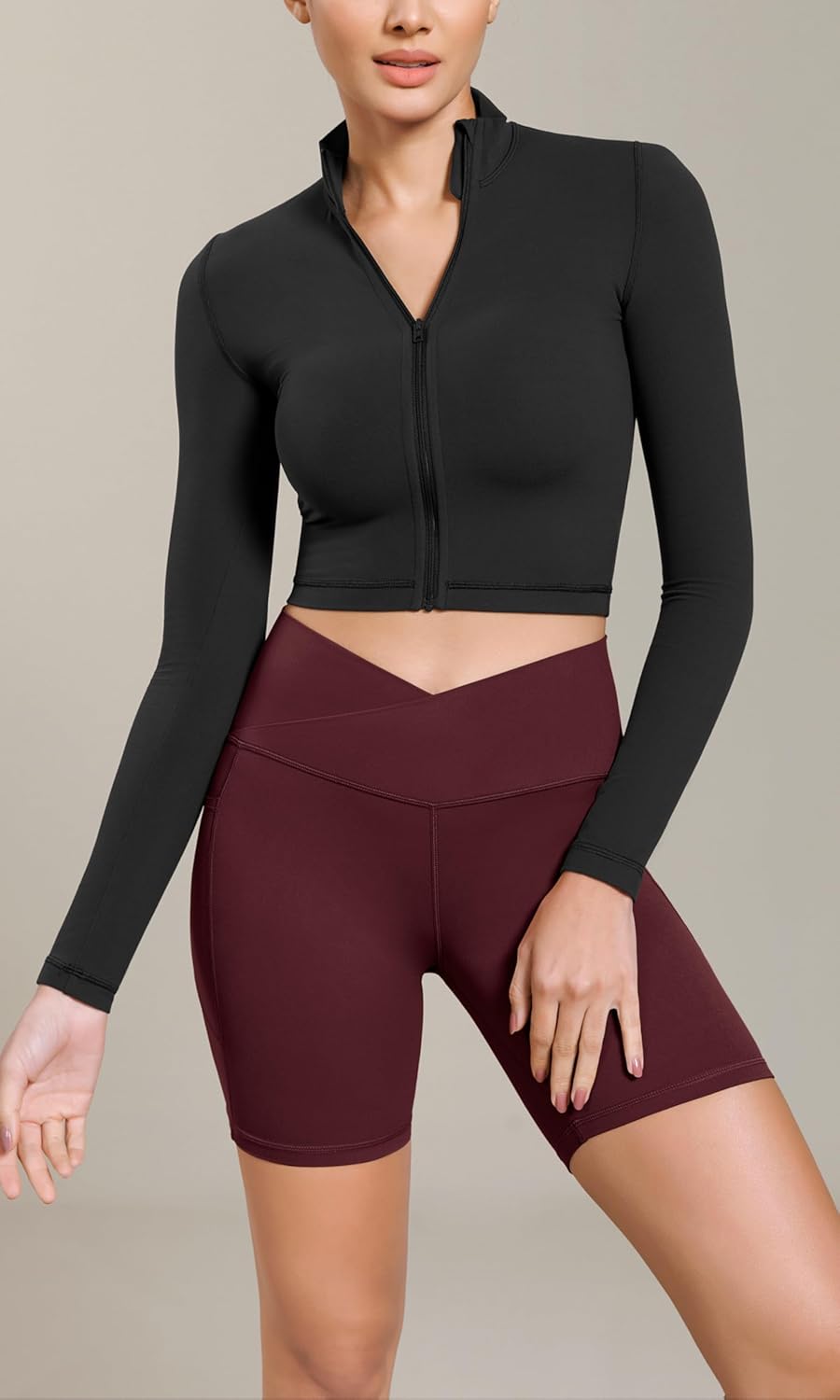 ODODOS Cloud Feeling Cross Waist Yoga Shorts with Pockets for Women 6quot Crossover High Waist Lounge Biker ShortsBurgundy