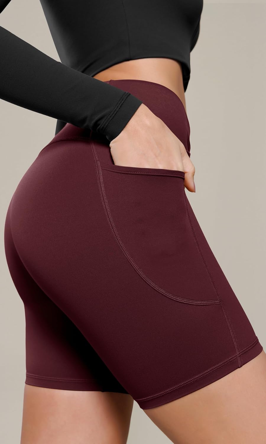 ODODOS Cloud Feeling Cross Waist Yoga Shorts with Pockets for Women 6quot Crossover High Waist Lounge Biker ShortsBurgundy