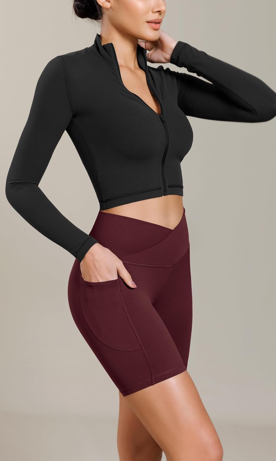 ODODOS Cloud Feeling Cross Waist Yoga Shorts with Pockets for Women 6quot Crossover High Waist Lounge Biker ShortsBurgundy