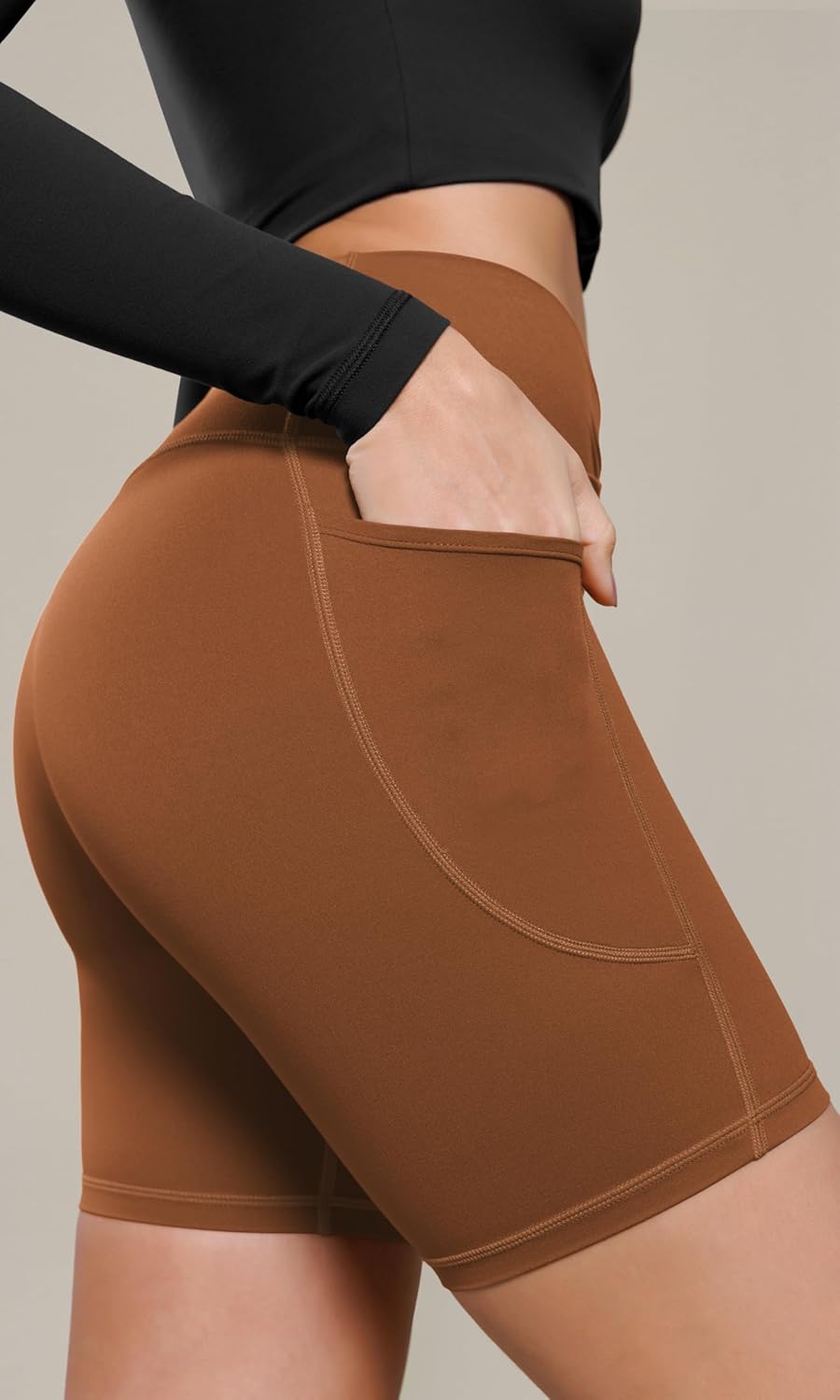 ODODOS Cloud Feeling Cross Waist Yoga Shorts with Pockets for Women 6quot Crossover High Waist Lounge Biker ShortsCaramel