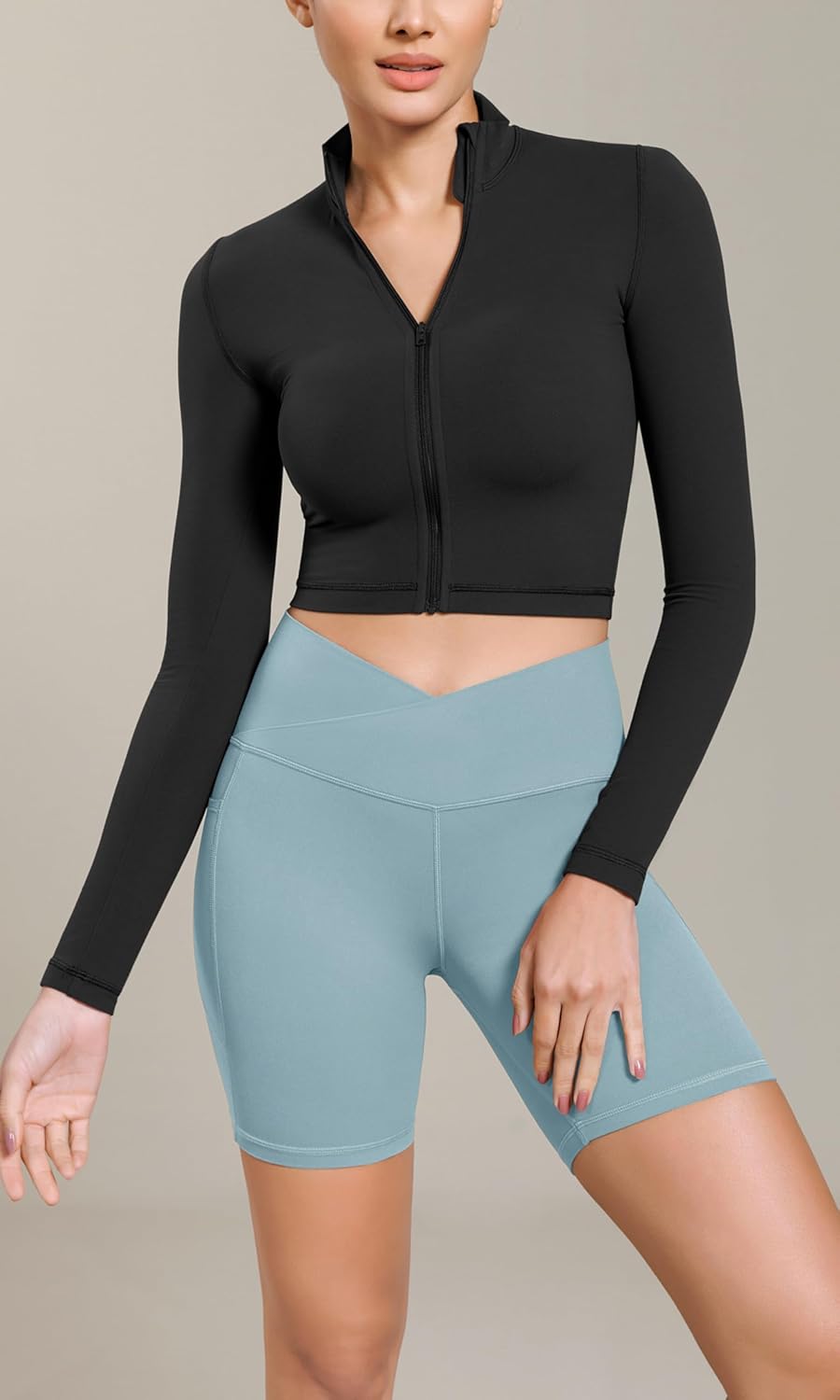 ODODOS Cloud Feeling Cross Waist Yoga Shorts with Pockets for Women 6quot Crossover High Waist Lounge Biker ShortsChambray
