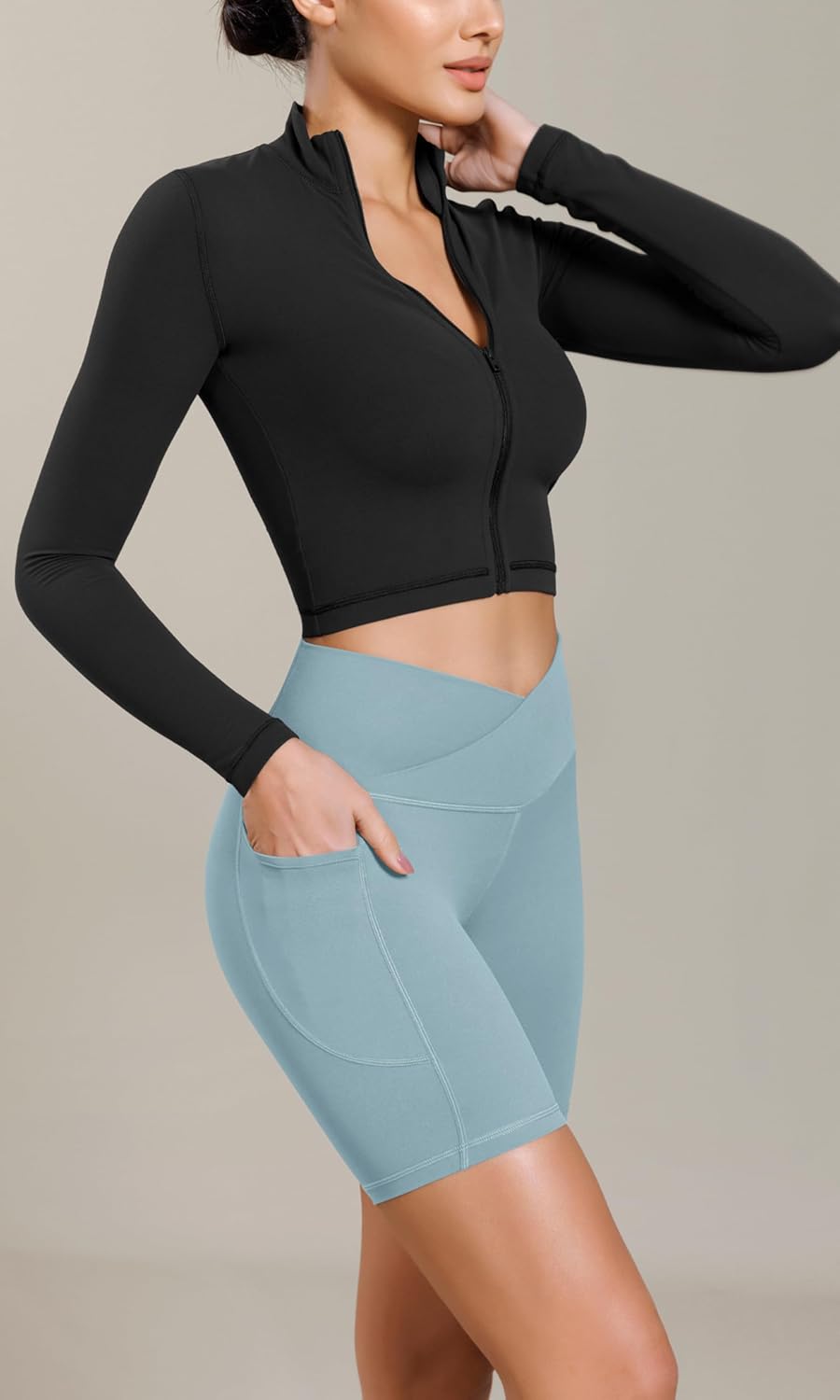 ODODOS Cloud Feeling Cross Waist Yoga Shorts with Pockets for Women 6quot Crossover High Waist Lounge Biker ShortsChambray