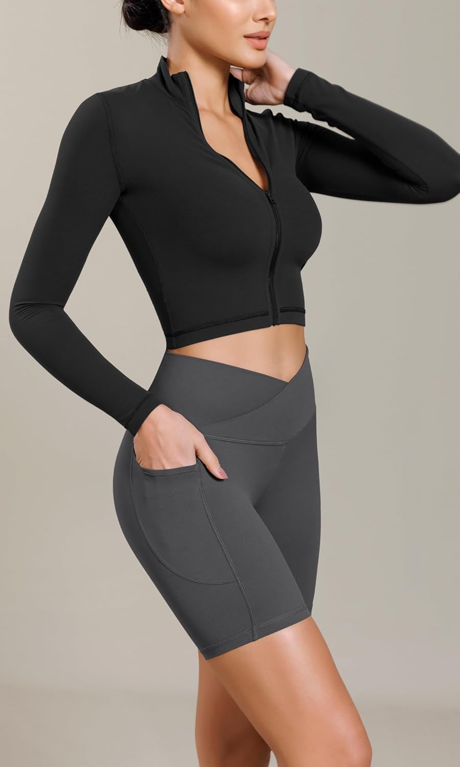 ODODOS Cloud Feeling Cross Waist Yoga Shorts with Pockets for Women 6quot Crossover High Waist Lounge Biker ShortsCharcoal