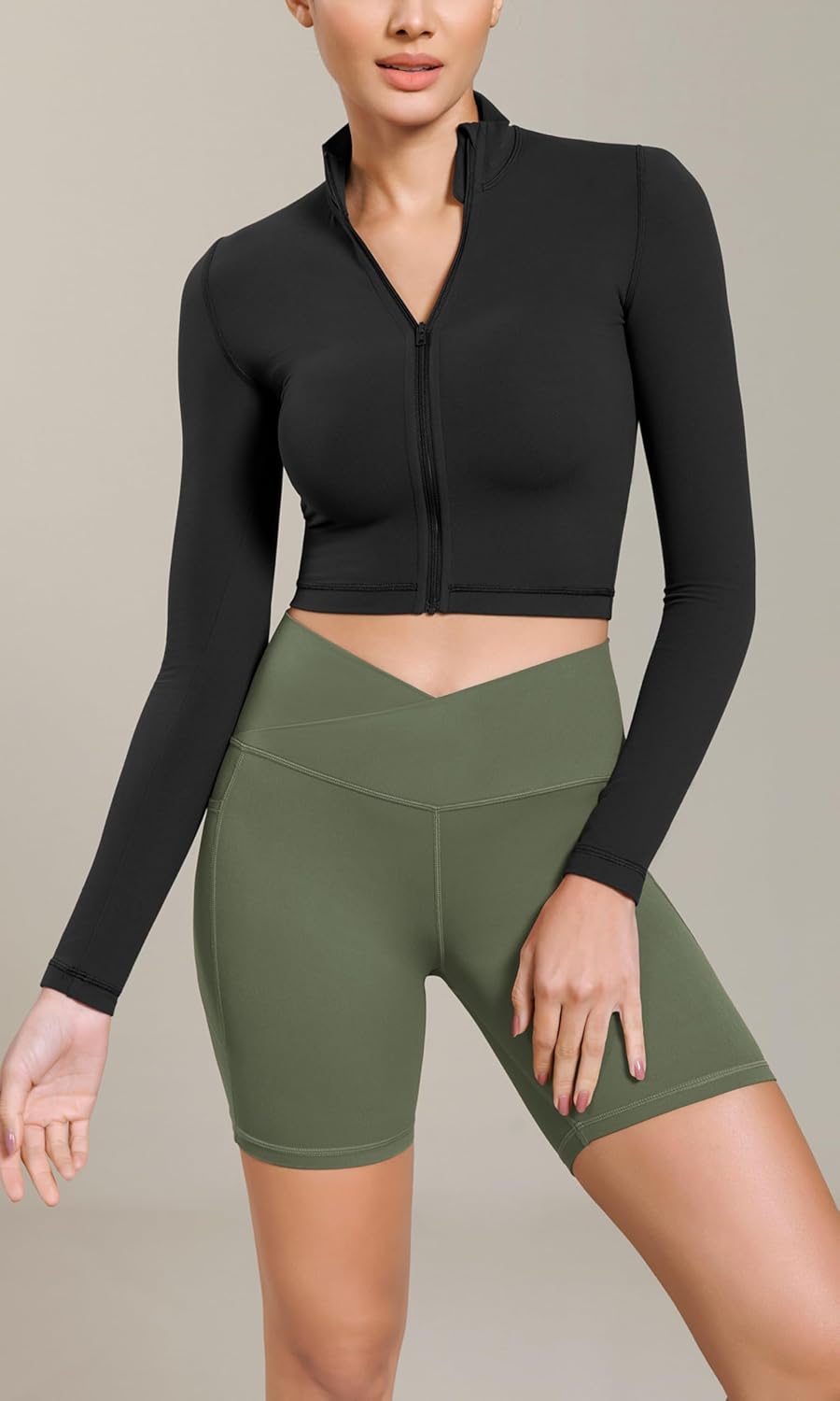 ODODOS Cloud Feeling Cross Waist Yoga Shorts with Pockets for Women 6quot Crossover High Waist Lounge Biker ShortsDark Olive