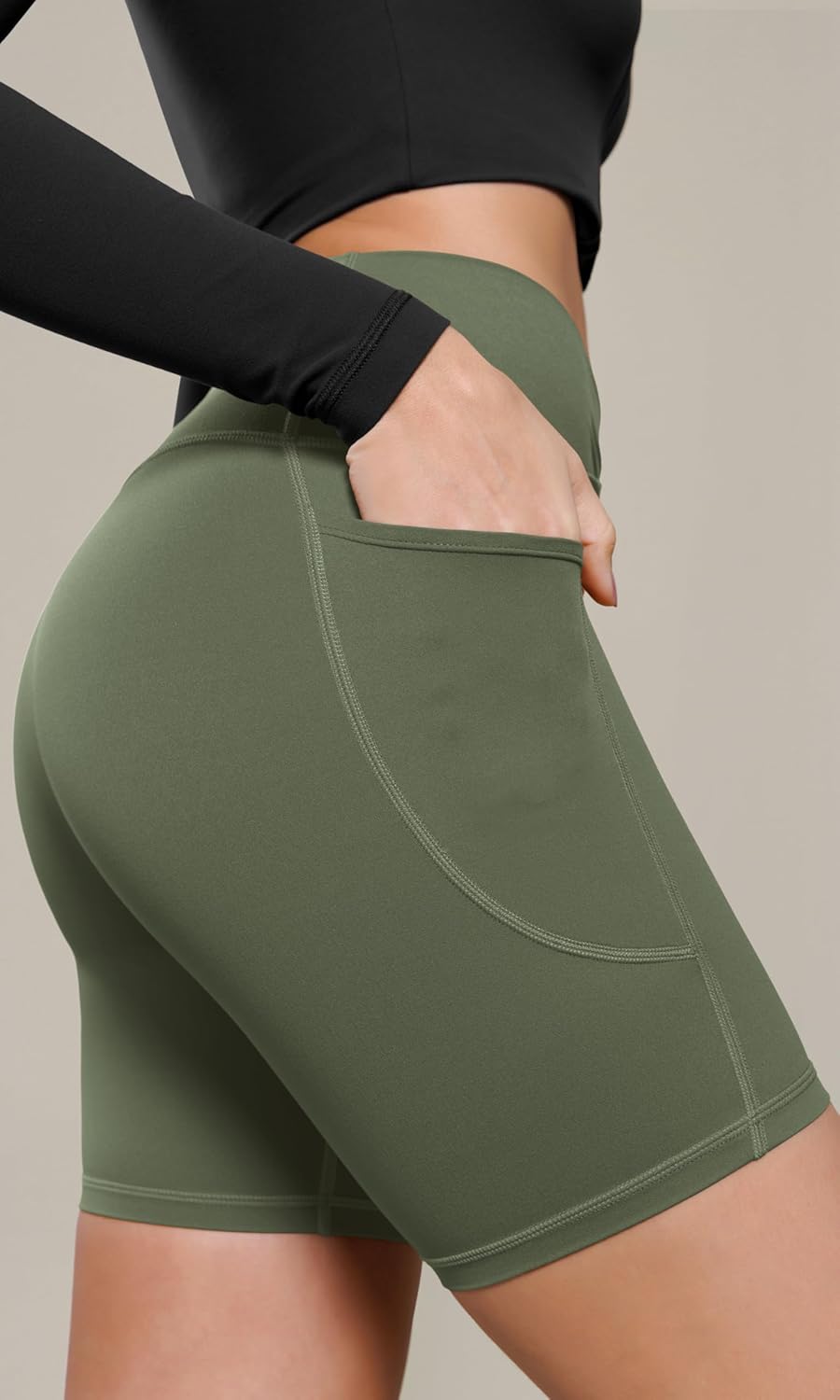 ODODOS Cloud Feeling Cross Waist Yoga Shorts with Pockets for Women 6quot Crossover High Waist Lounge Biker ShortsDark Olive