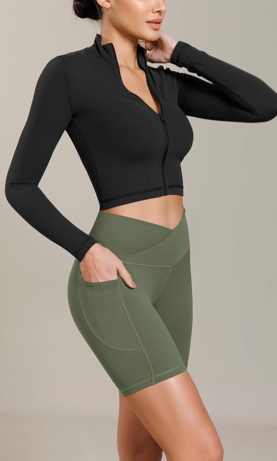 ODODOS Cloud Feeling Cross Waist Yoga Shorts with Pockets for Women 6quot Crossover High Waist Lounge Biker ShortsDark Olive