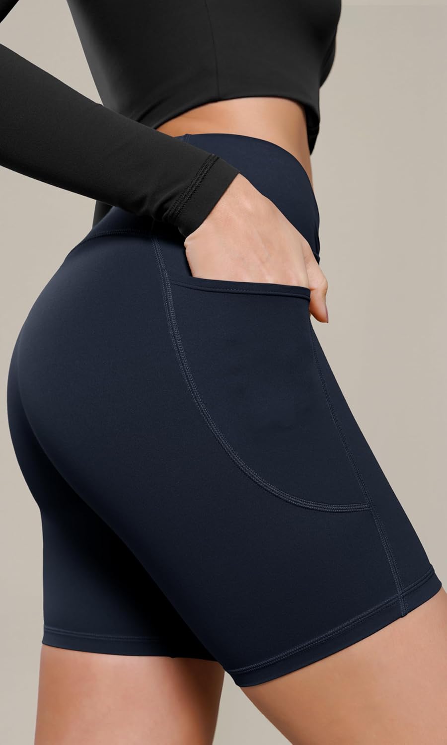 ODODOS Cloud Feeling Cross Waist Yoga Shorts with Pockets for Women 6quot Crossover High Waist Lounge Biker ShortsDeep Navy