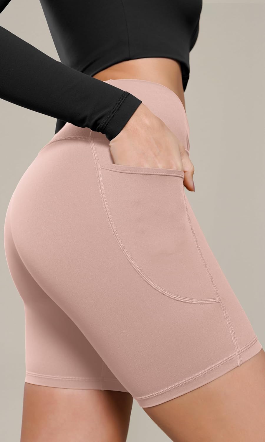 ODODOS Cloud Feeling Cross Waist Yoga Shorts with Pockets for Women 6quot Crossover High Waist Lounge Biker ShortsDusty Pink