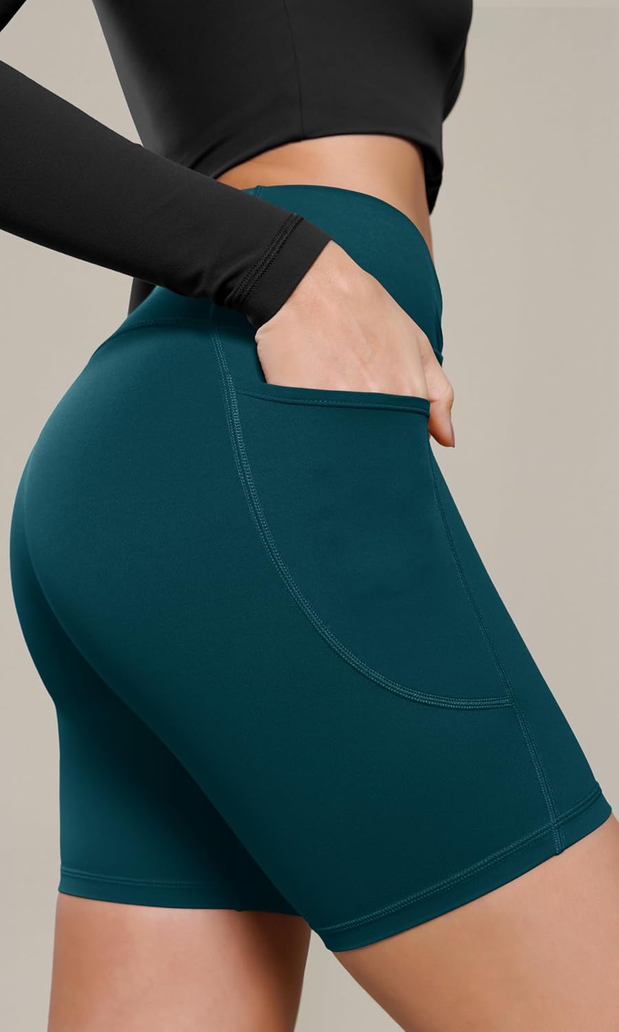 ODODOS Cloud Feeling Cross Waist Yoga Shorts with Pockets for Women 6quot Crossover High Waist Lounge Biker ShortsForest Teal
