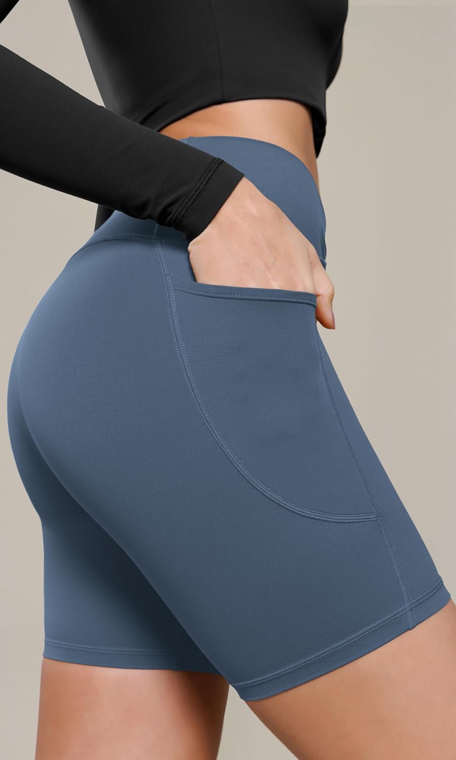 ODODOS Cloud Feeling Cross Waist Yoga Shorts with Pockets for Women 6quot Crossover High Waist Lounge Biker ShortsInk Blue