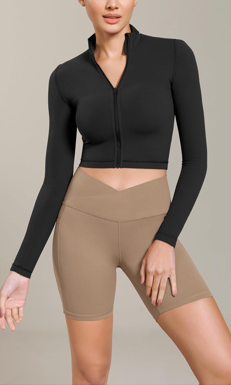 ODODOS Cloud Feeling Cross Waist Yoga Shorts with Pockets for Women 6quot Crossover High Waist Lounge Biker ShortsLight Brown