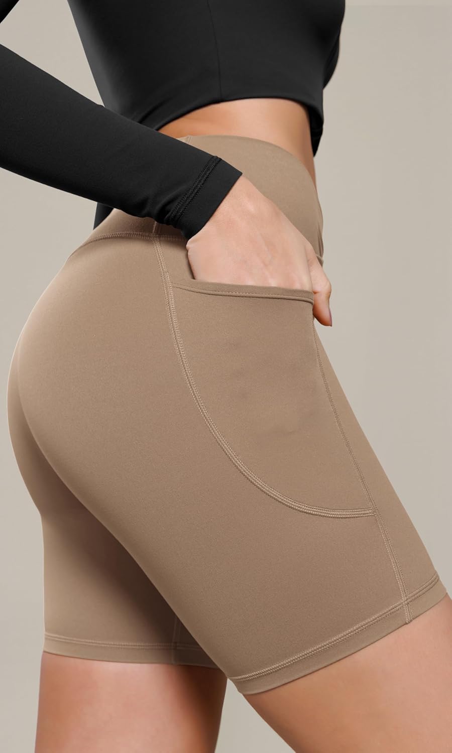 ODODOS Cloud Feeling Cross Waist Yoga Shorts with Pockets for Women 6quot Crossover High Waist Lounge Biker ShortsLight Brown