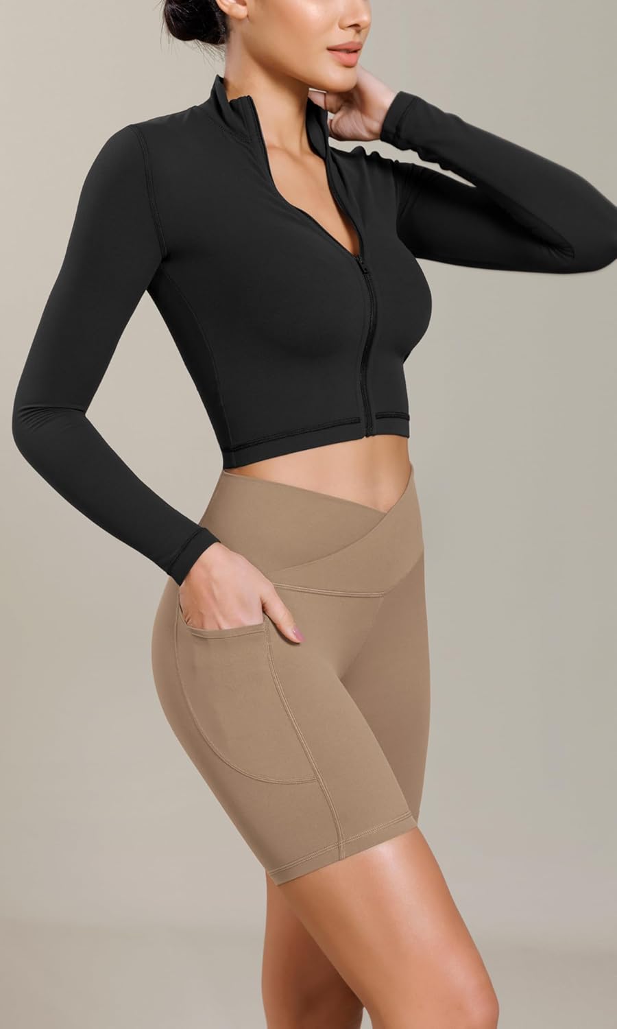 ODODOS Cloud Feeling Cross Waist Yoga Shorts with Pockets for Women 6quot Crossover High Waist Lounge Biker ShortsLight Brown