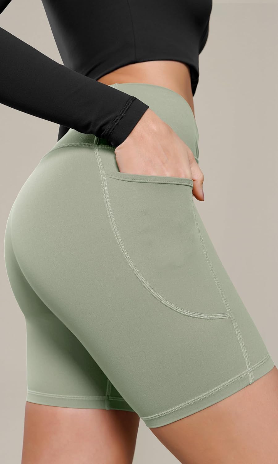 ODODOS Cloud Feeling Cross Waist Yoga Shorts with Pockets for Women 6quot Crossover High Waist Lounge Biker ShortsLime Stone